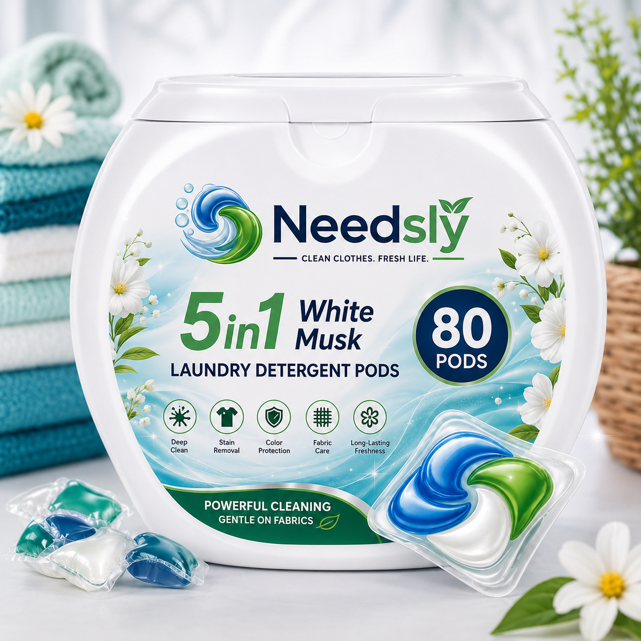 Laundry Detergent Pods 80 Pcs | 5-in-1 Deep Clean, Brightening & White Musk Fragrance
