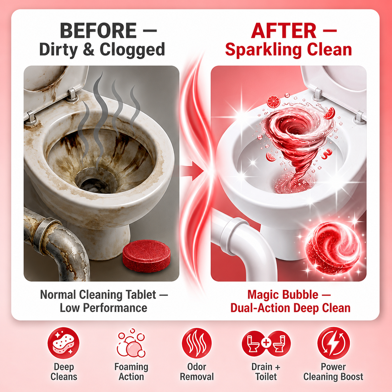 Magic Red Bubble Cleans while removing blockages