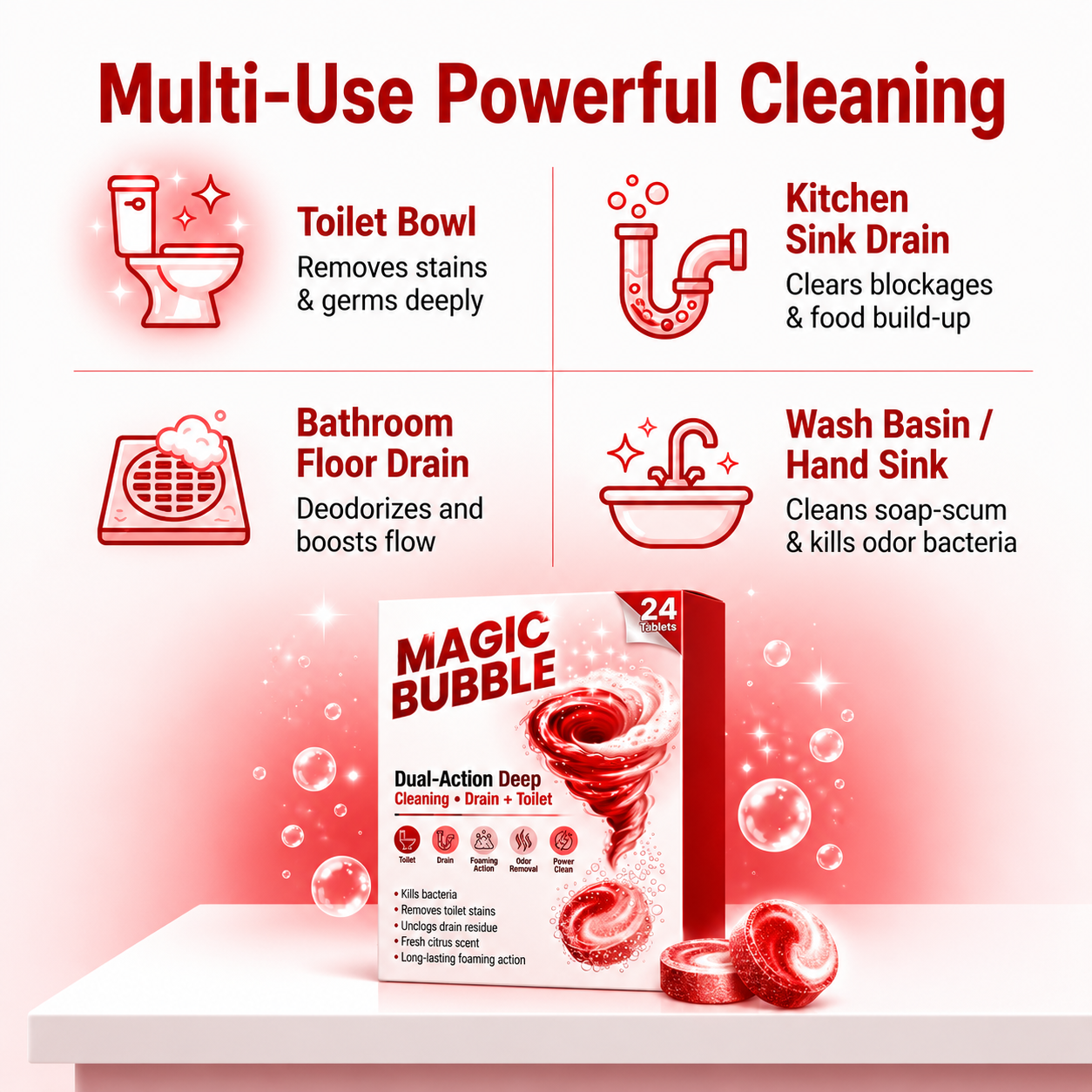 Magic Red Bubble Cleans while removing blockages