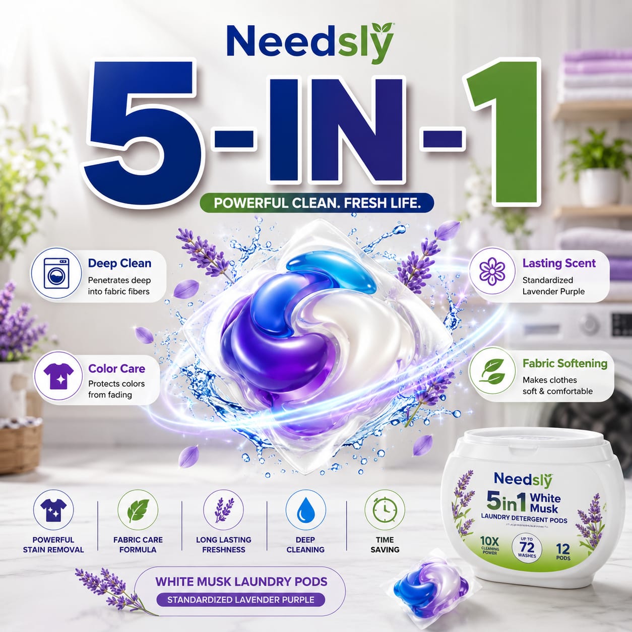 Laundry Detergent Pods 80 Pcs | 5-in-1 Deep Clean, Brightening & White Musk Fragrance