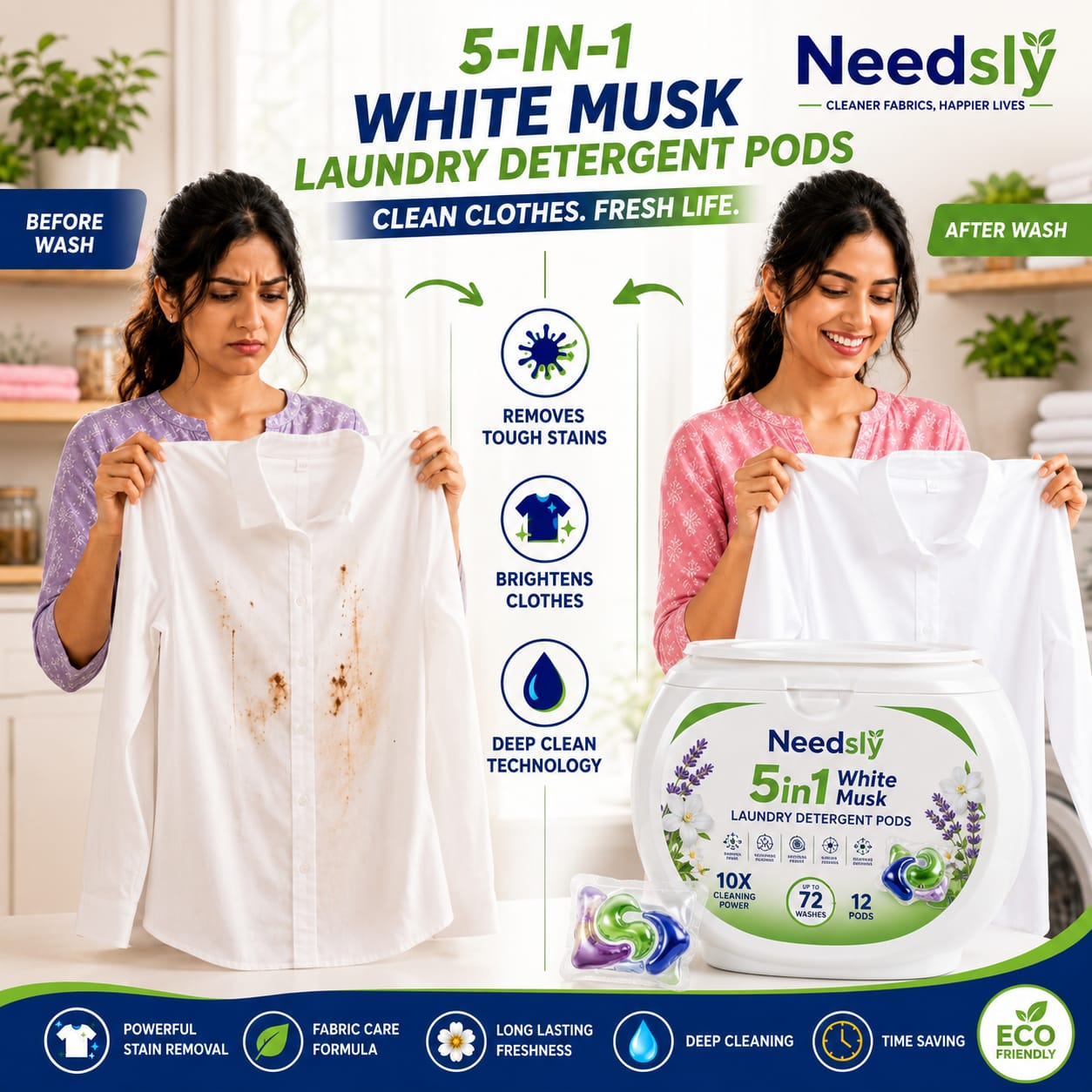 Laundry Detergent Pods 80 Pcs | 5-in-1 Deep Clean, Brightening & White Musk Fragrance
