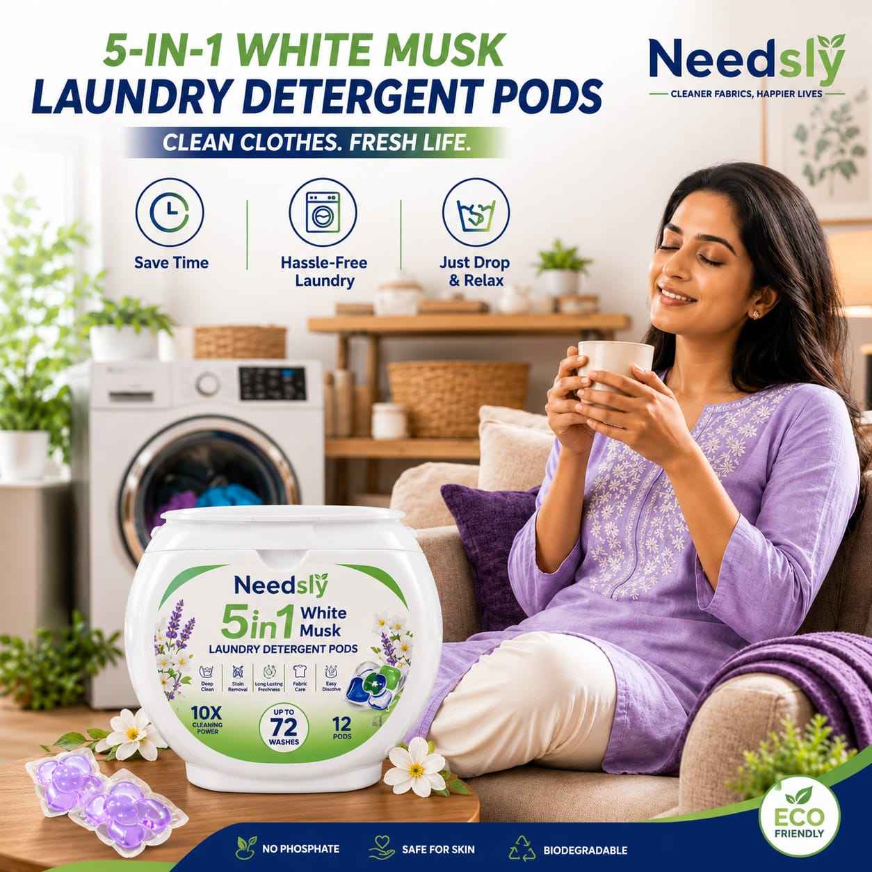 Laundry Detergent Pods 80 Pcs | 5-in-1 Deep Clean, Brightening & White Musk Fragrance