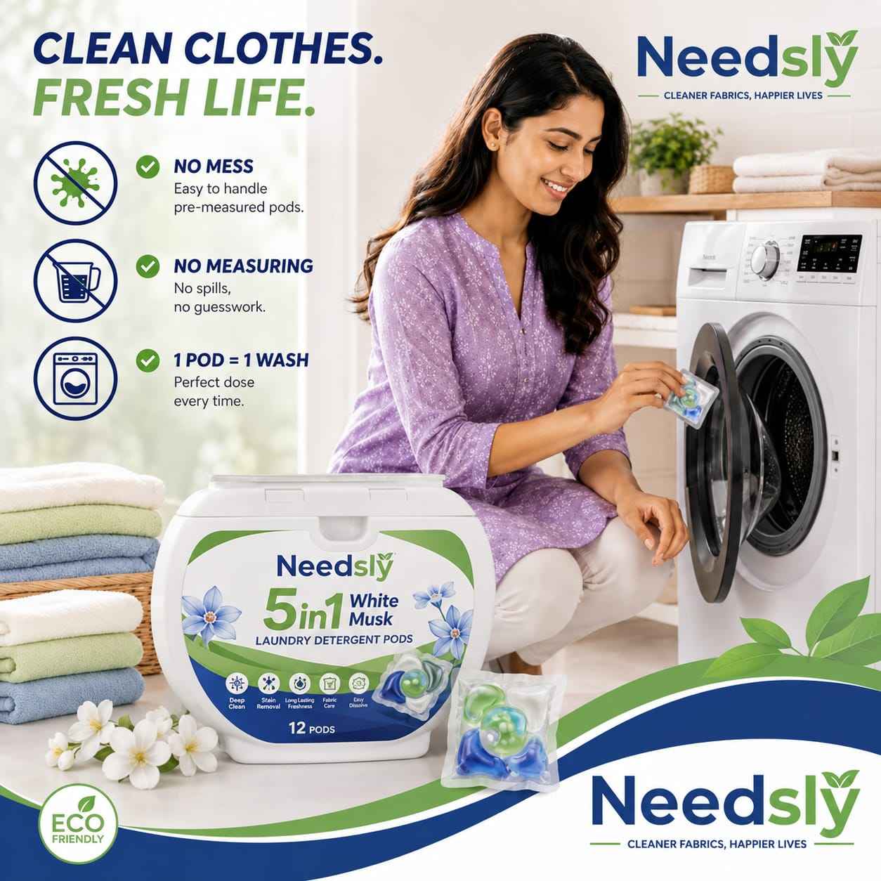 Laundry Detergent Pods 80 Pcs | 5-in-1 Deep Clean, Brightening & White Musk Fragrance