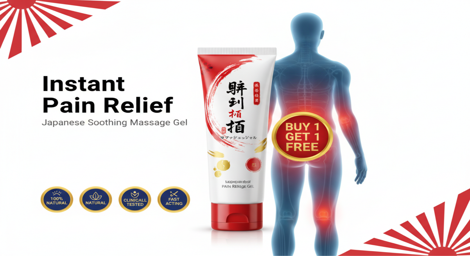 Japanese Soothing Massage Gel with instant pain relief claims and promotional offer on a white background.